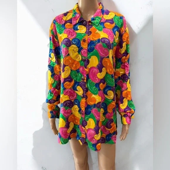 True Vintage Anthony Mark Hankins Multicolor 90’s psychedelic button up top-L - Picture 4 of 11